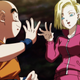 Krillin and Android 18 gesture at each other in the Dragon Ball anime.